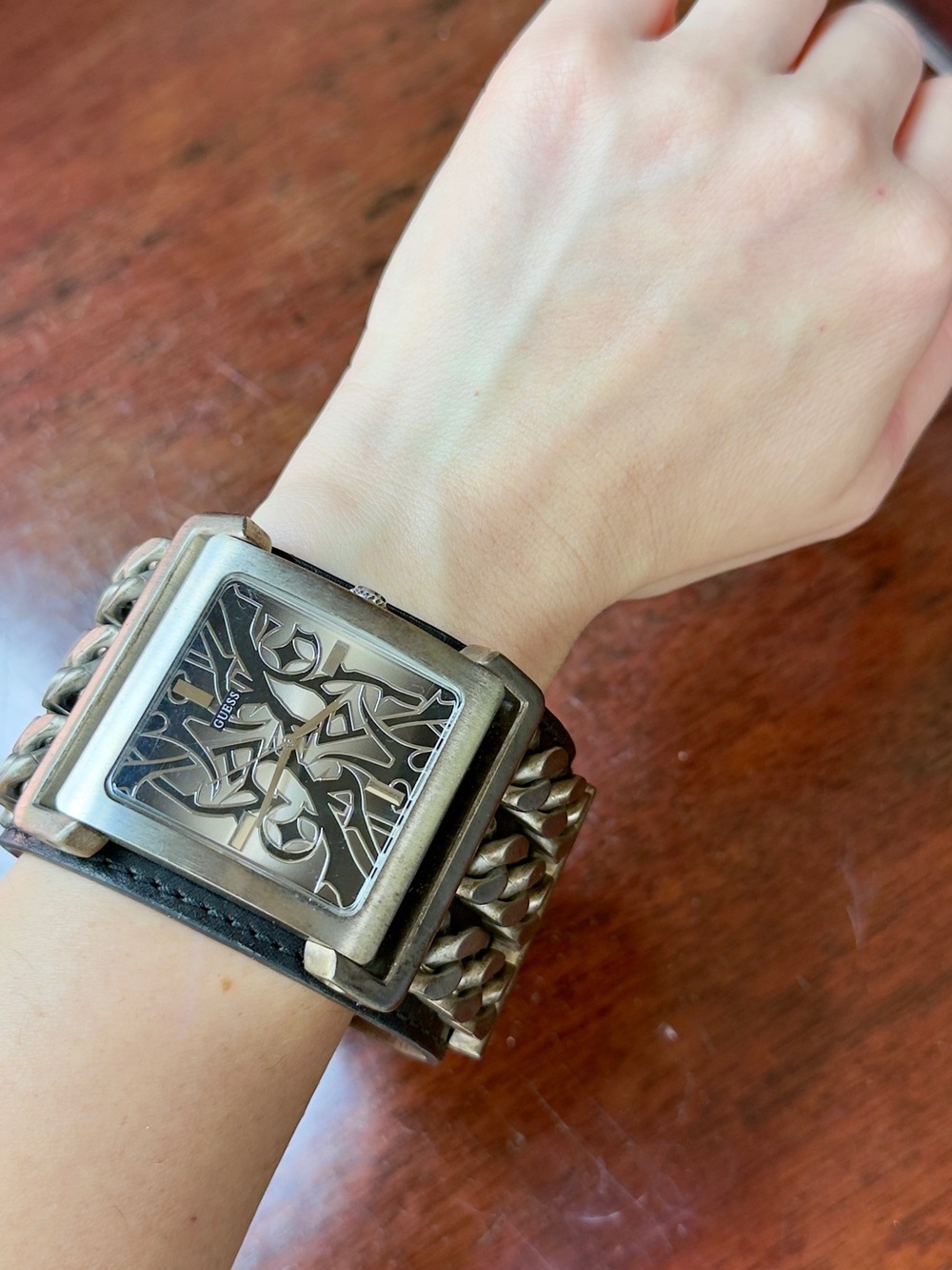 Guess Wide Chain Cuff Watch in Silver and Black